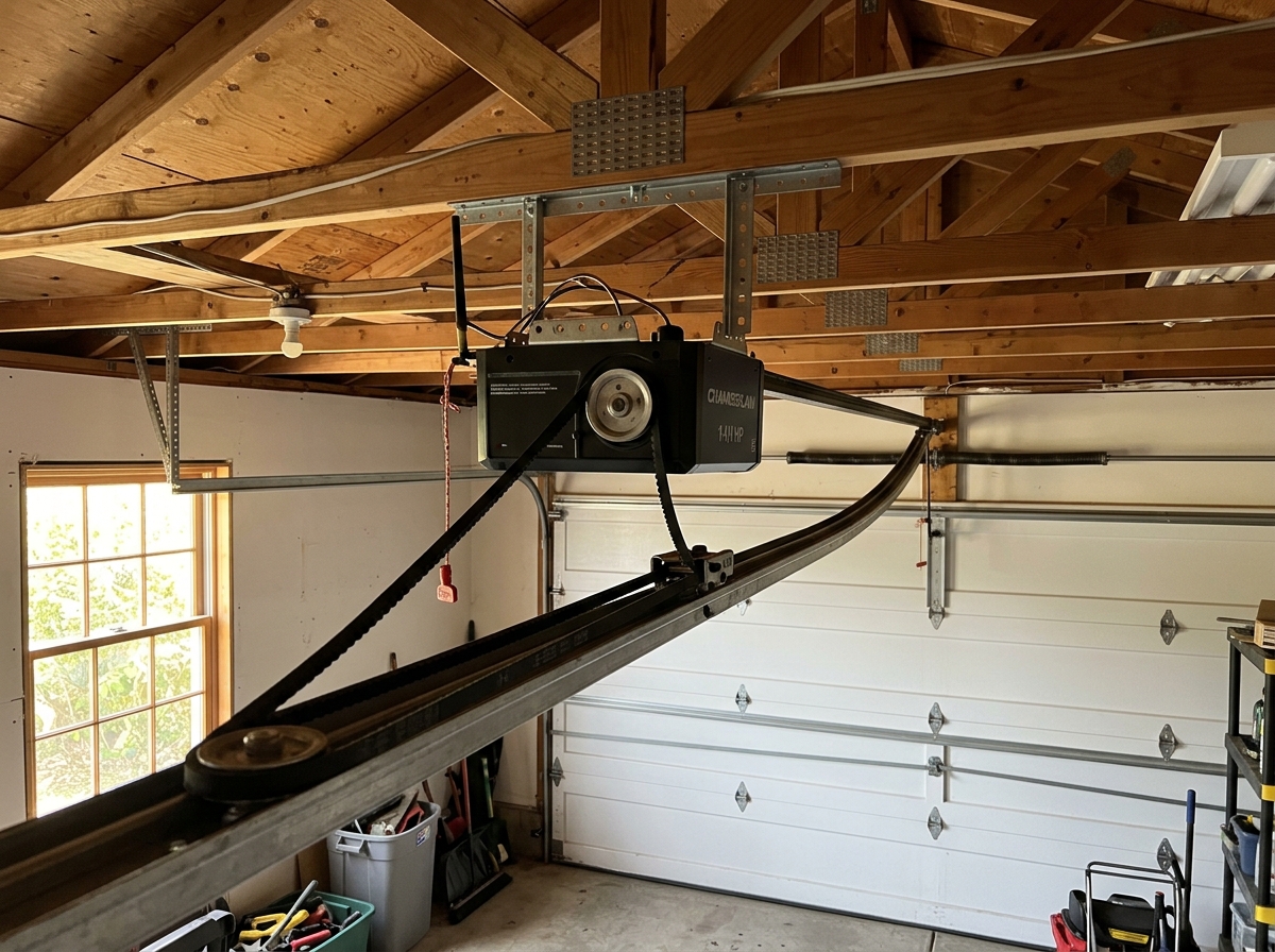Garage door opener motor mounted to ceiling, belt drive system