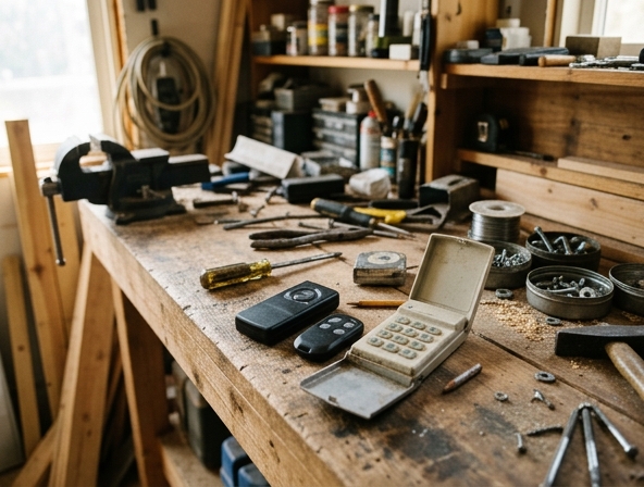 Garage door remotes and wall keypad on workbench