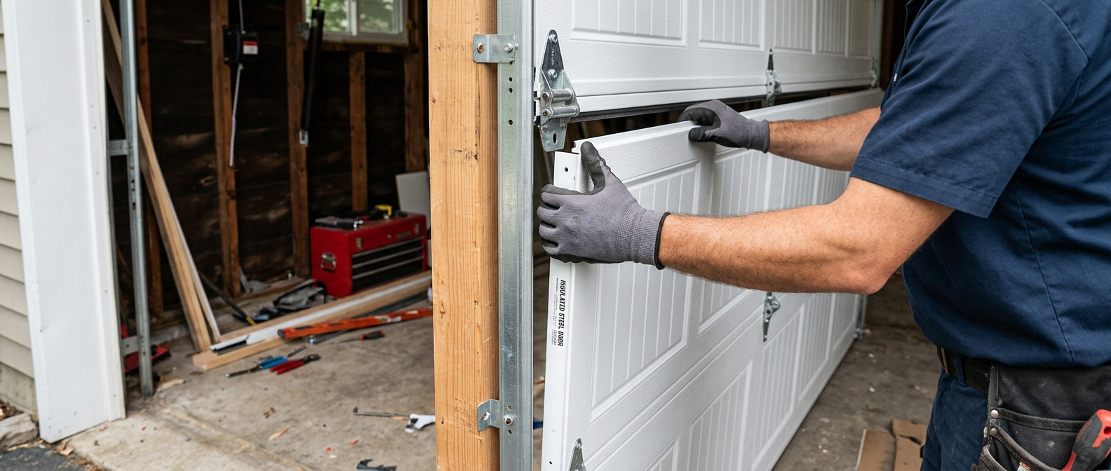 Side-by-side comparison of matched replacement panels on a Detroit garage door