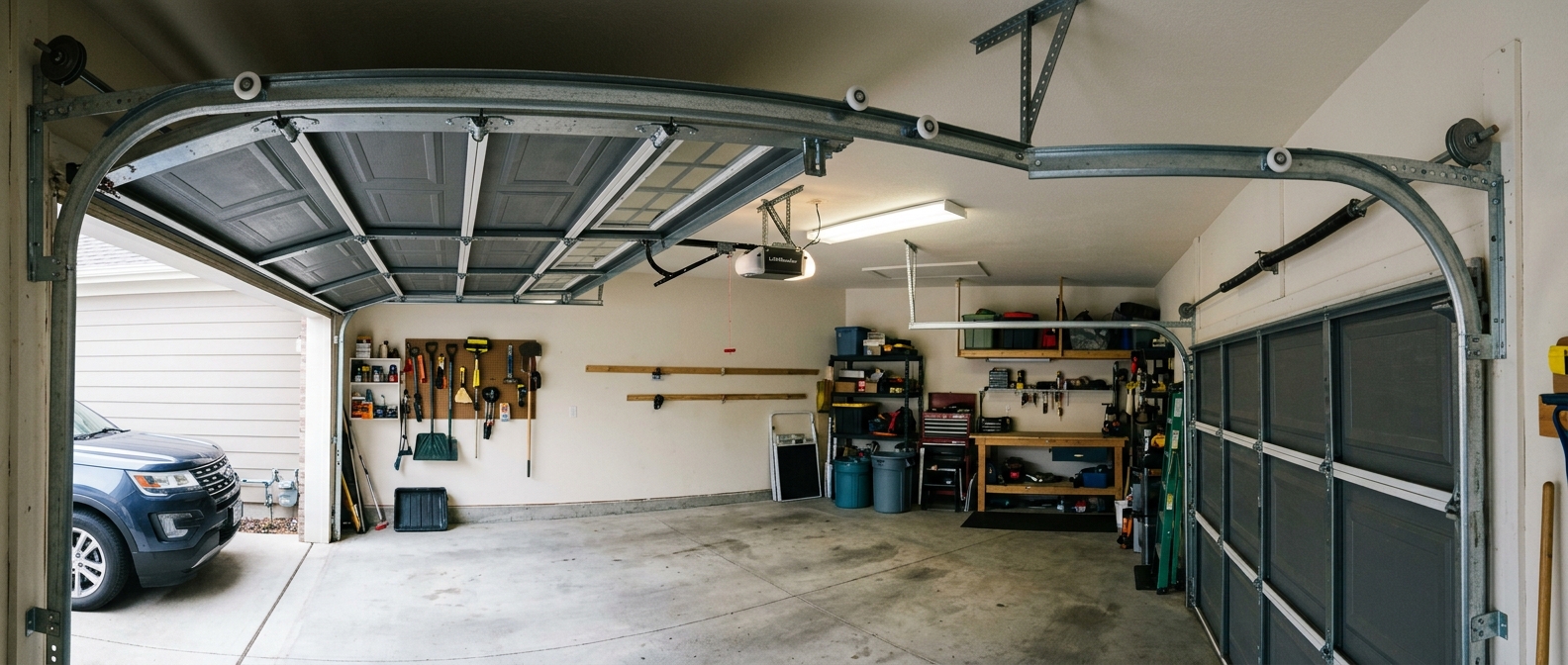 Garage door rollers seated in track showing proper alignment