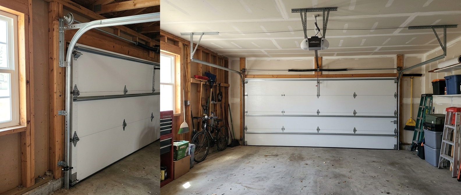Complete garage door track system showing vertical and horizontal track sections